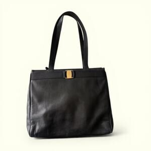 Ferragamo Black Lizard Embossed Leather Vara Bow Tote Gold Hardware